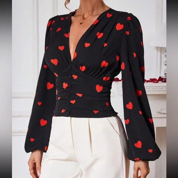 Plunge V-Neck Pleated Smocked Waist Button Lantern Sleeve Top Blouse Black - Picture 11 of 11